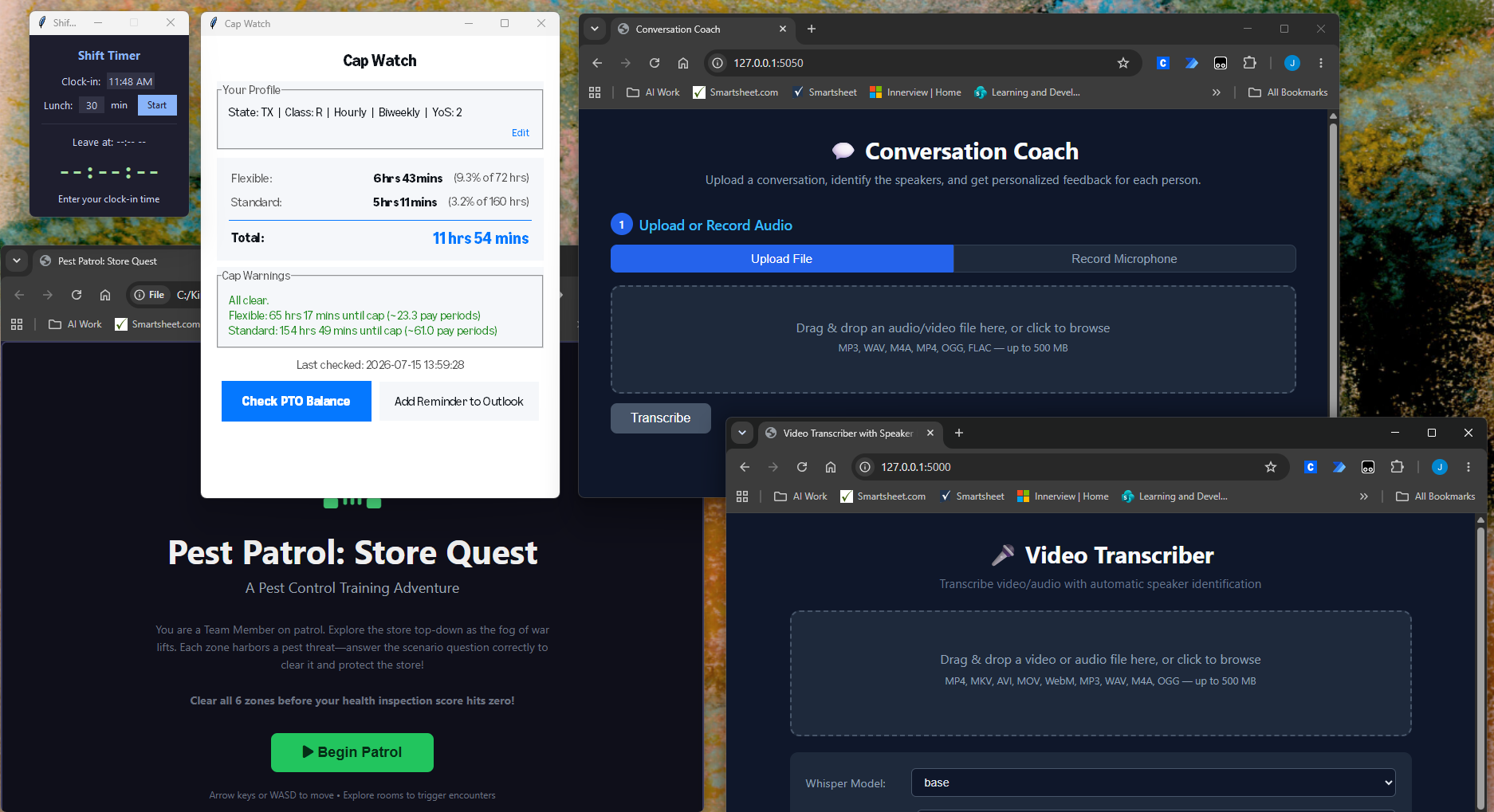 Screenshot of several custom AI-assisted desktop tools including a Shift Timer, Cap Watch pay-cap tracker, Conversation Coach, Video Transcriber with speaker identification, and a Pest Patrol training game.